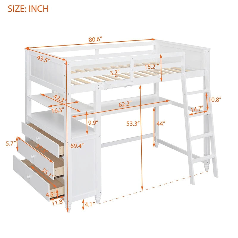 Cama alta individual de madera maciza con cajones, escritorio y estantes - Cama alta de madera que ahorra espacio - Blanca/Gris/Negra