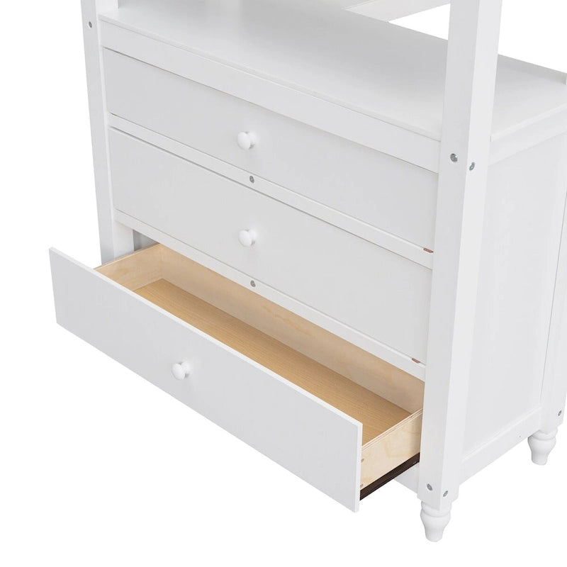 Cama alta individual de madera maciza con cajones, escritorio y estantes - Cama alta de madera que ahorra espacio - Blanca/Gris/Negra