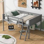 Cama tipo loft baja de madera de tamaño completo con escalera