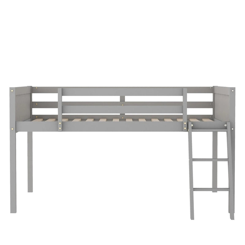 Cama tipo loft baja de madera de tamaño completo con escalera