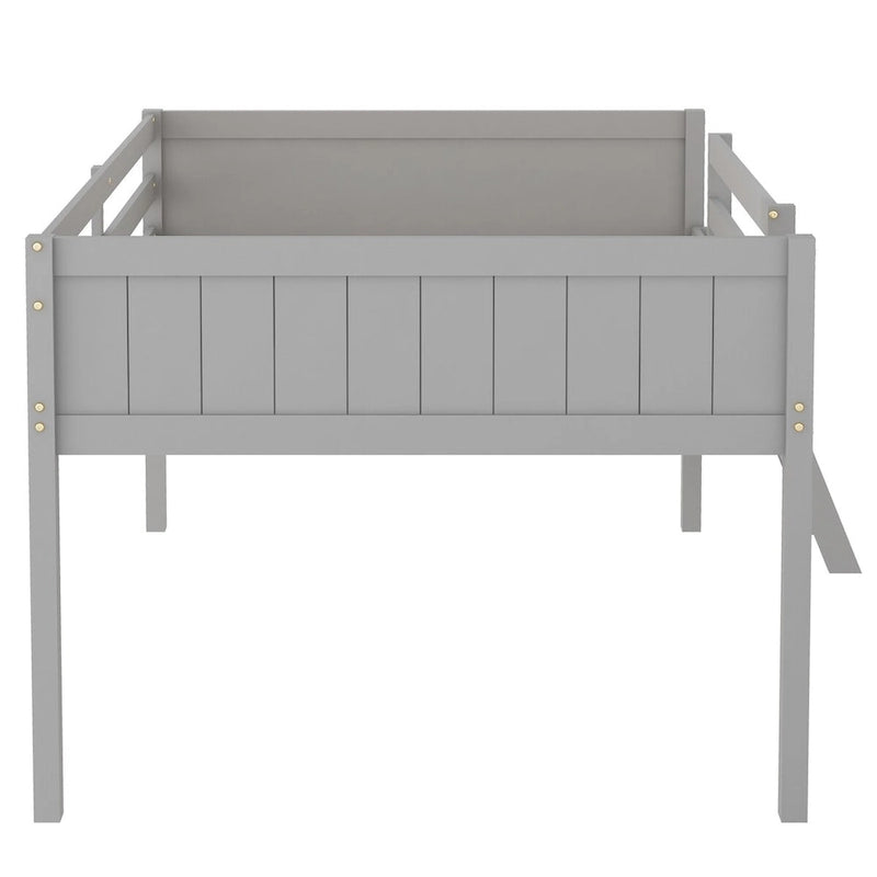 Cama tipo loft baja de madera de tamaño completo con escalera