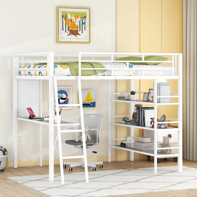Cama alta doble de metal con escritorio integrado