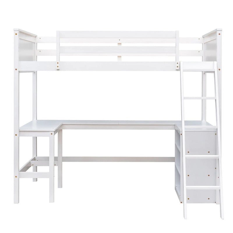 Cama Alta Blanca de Tamaño Twin con Escritorio y Estantes, Barandilla de Seguridad de Longitud Completa, Estructura Robusta de Madera de Pino