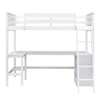 Cama Alta Blanca de Tamaño Twin con Escritorio y Estantes, Barandilla de Seguridad de Longitud Completa, Estructura Robusta de Madera de Pino