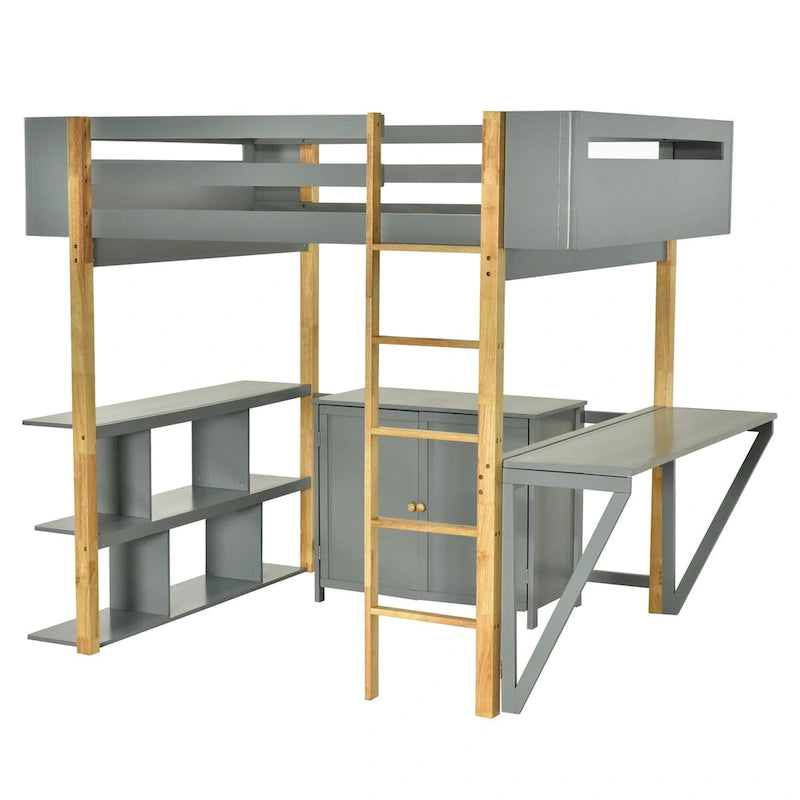 Cama alta de madera tamaño matrimonial con gabinete de almacenamiento, cubículos y escritorio integrados