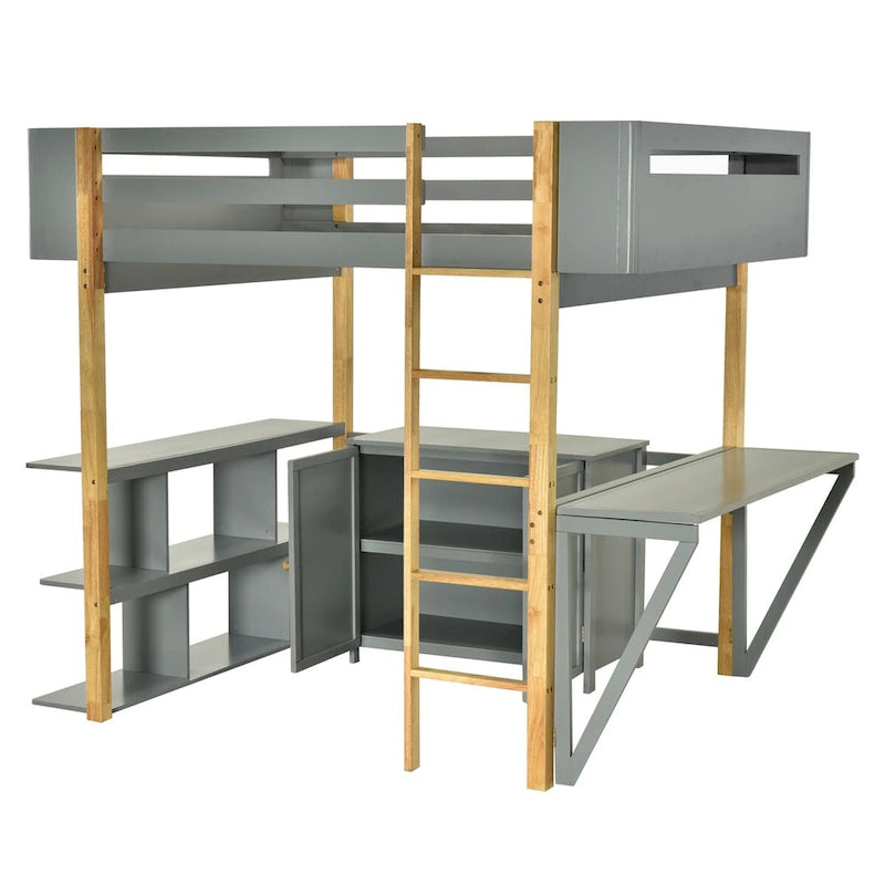 Cama alta de madera tamaño matrimonial con gabinete de almacenamiento, cubículos y escritorio integrados