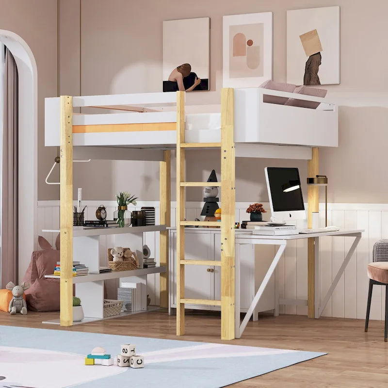 Cama alta de madera tamaño matrimonial con gabinete de almacenamiento, cubículos y escritorio integrados
