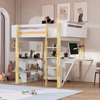 Cama alta de madera tamaño matrimonial con gabinete de almacenamiento, cubículos y escritorio integrados
