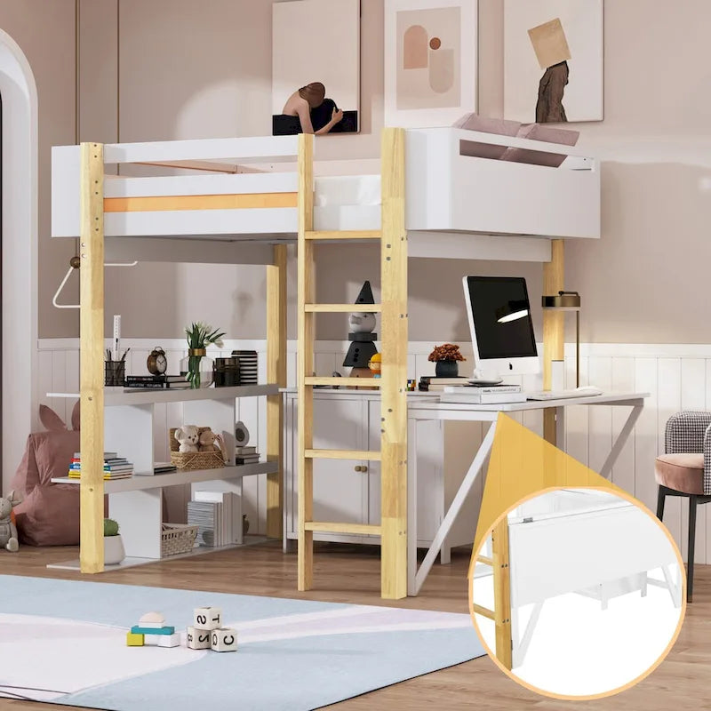 Cama alta de madera tamaño matrimonial con gabinete de almacenamiento, cubículos y escritorio integrados