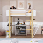 Cama alta de madera tamaño matrimonial con gabinete de almacenamiento, cubículos y escritorio integrados