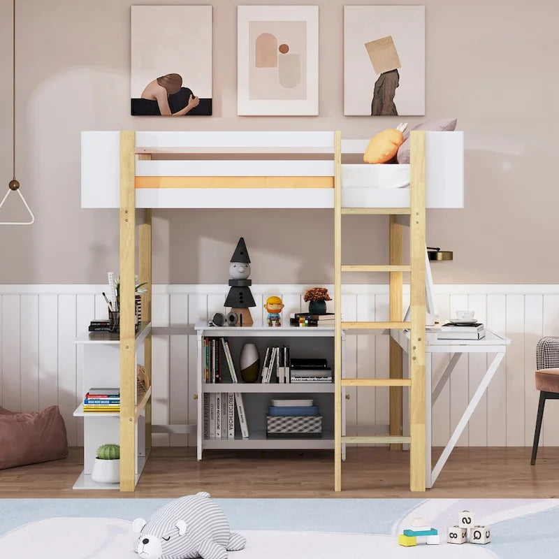Cama alta de madera tamaño matrimonial con gabinete de almacenamiento, cubículos y escritorio integrados
