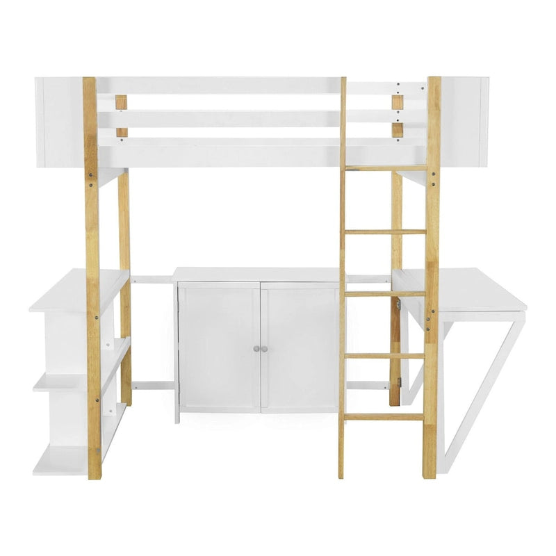 Cama alta de madera tamaño matrimonial con gabinete de almacenamiento, cubículos y escritorio integrados