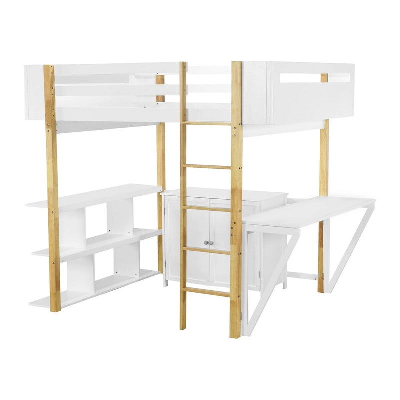 Cama alta de madera tamaño matrimonial con gabinete de almacenamiento, cubículos y escritorio integrados