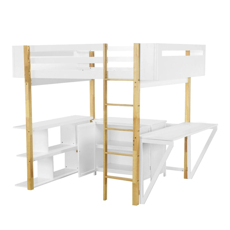 Cama alta de madera tamaño matrimonial con gabinete de almacenamiento, cubículos y escritorio integrados