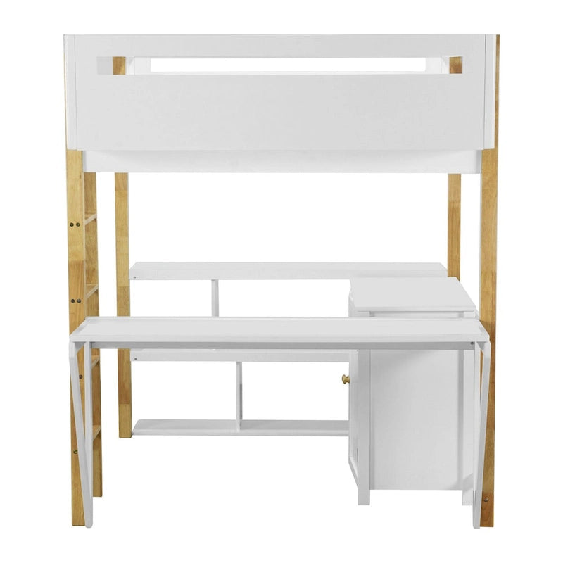 Cama alta de madera tamaño matrimonial con gabinete de almacenamiento, cubículos y escritorio integrados