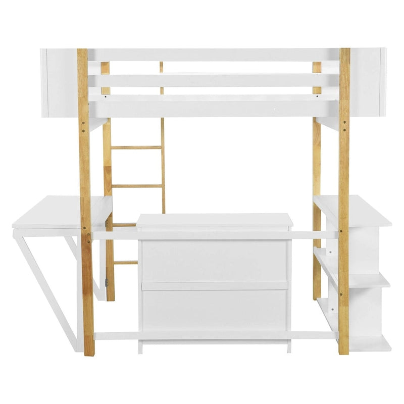 Cama alta de madera tamaño matrimonial con gabinete de almacenamiento, cubículos y escritorio integrados