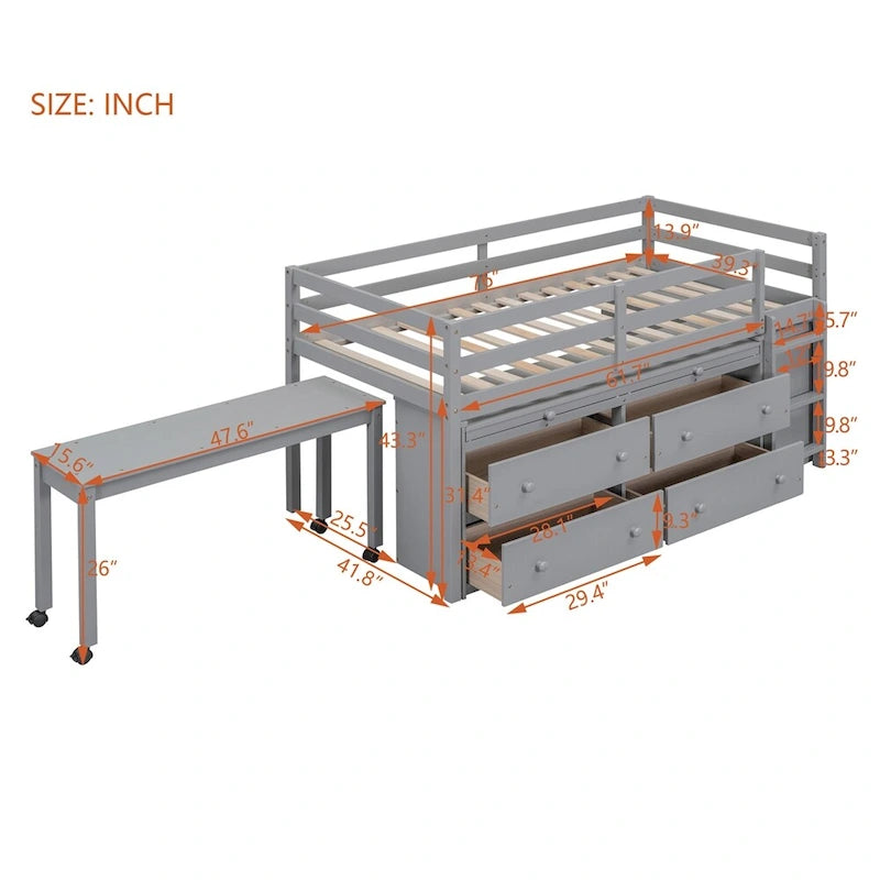 Cama alta de madera de tamaño individual con escritorio retráctil y 4 cajones