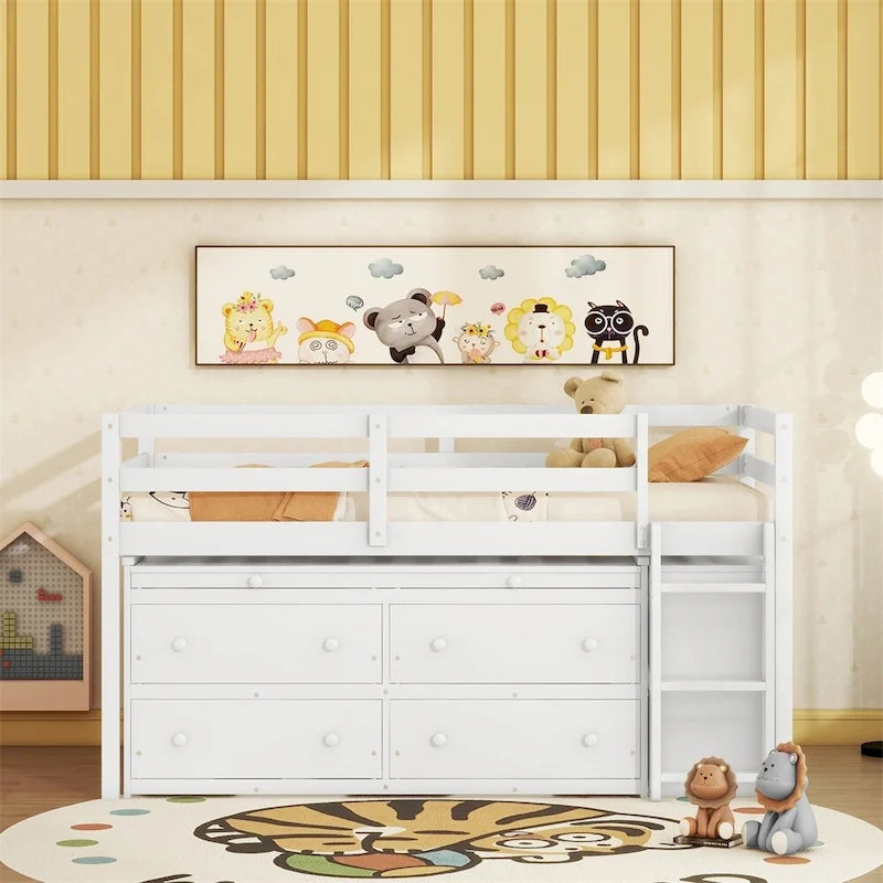 Cama alta de madera de tamaño individual con escritorio retráctil y 4 cajones