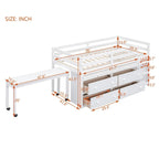 Cama alta de madera de tamaño individual con escritorio retráctil y 4 cajones