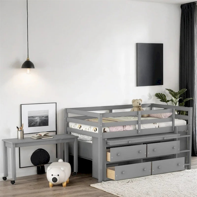 Cama alta de madera de tamaño individual con escritorio retráctil y 4 cajones