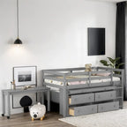 Cama alta de madera de tamaño individual con escritorio retráctil y 4 cajones