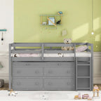 Cama alta de madera de tamaño individual con escritorio retráctil y 4 cajones