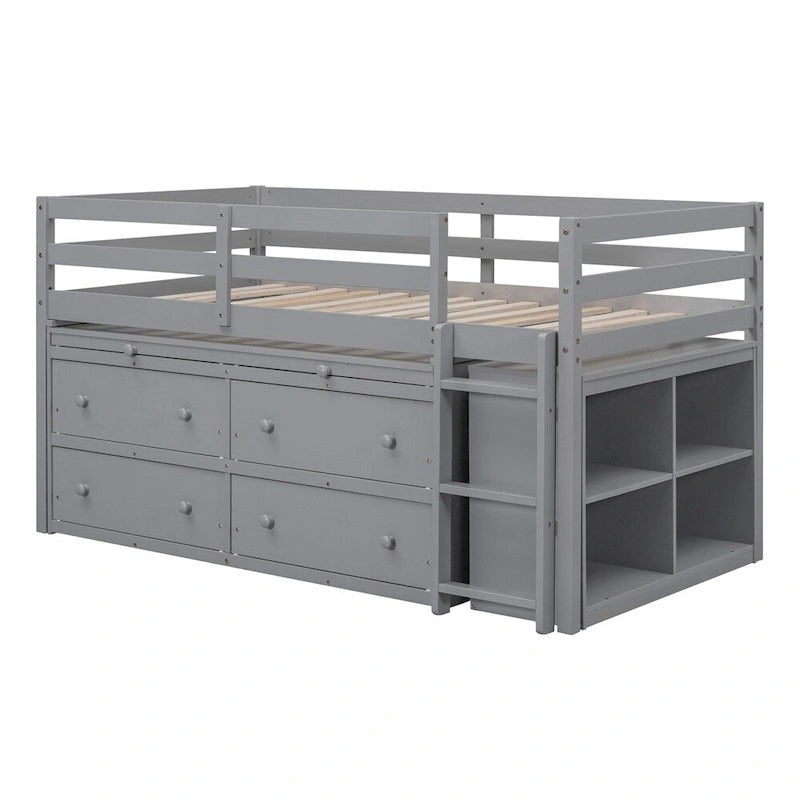 Cama alta de madera de tamaño individual con escritorio retráctil y 4 cajones