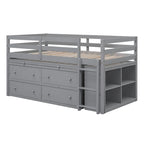 Cama alta de madera de tamaño individual con escritorio retráctil y 4 cajones