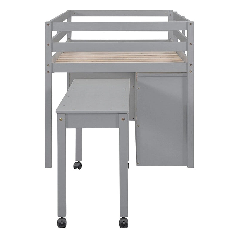 Cama alta de madera de tamaño individual con escritorio retráctil y 4 cajones