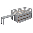 Cama alta de madera de tamaño individual con escritorio retráctil y 4 cajones