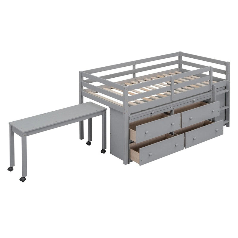 Cama alta de madera de tamaño individual con escritorio retráctil y 4 cajones