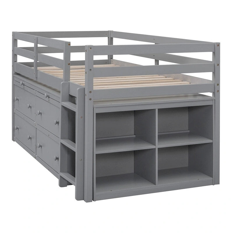 Cama alta de madera de tamaño individual con escritorio retráctil y 4 cajones