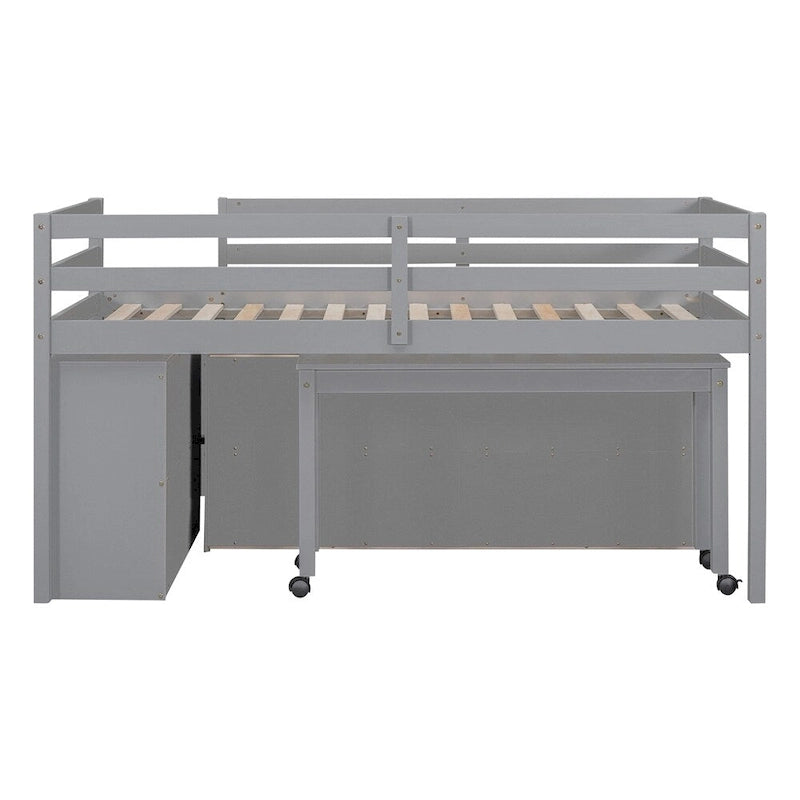 Cama alta de madera de tamaño individual con escritorio retráctil y 4 cajones