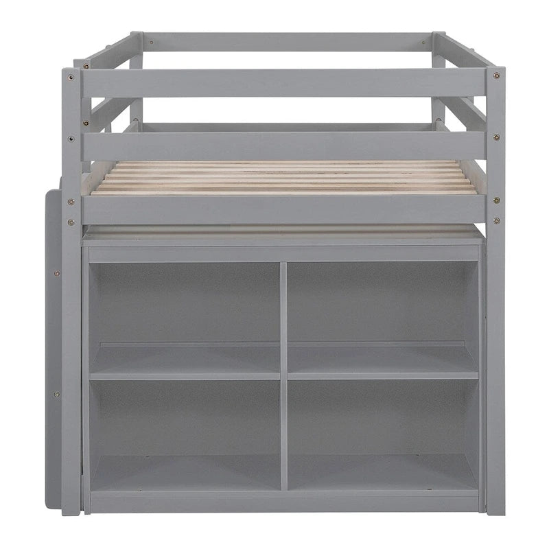 Cama alta de madera de tamaño individual con escritorio retráctil y 4 cajones
