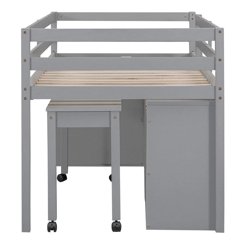 Cama alta de madera de tamaño individual con escritorio retráctil y 4 cajones