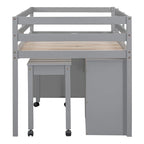 Cama alta de madera de tamaño individual con escritorio retráctil y 4 cajones