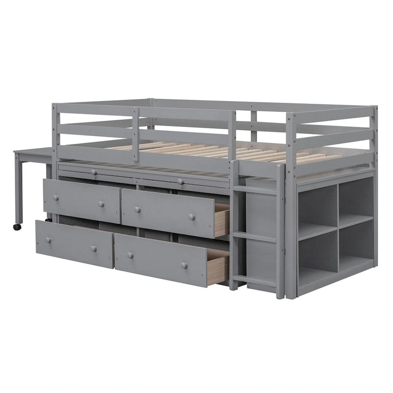 Cama alta de madera de tamaño individual con escritorio retráctil y 4 cajones