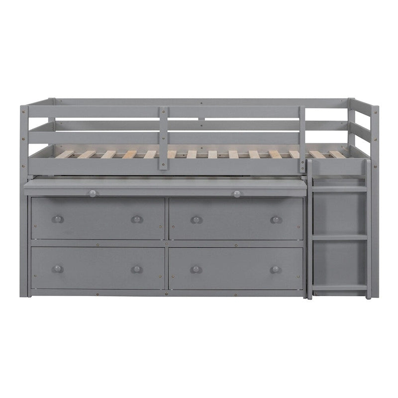 Cama alta de madera de tamaño individual con escritorio retráctil y 4 cajones