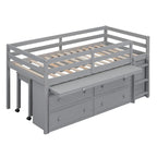 Cama alta de madera de tamaño individual con escritorio retráctil y 4 cajones