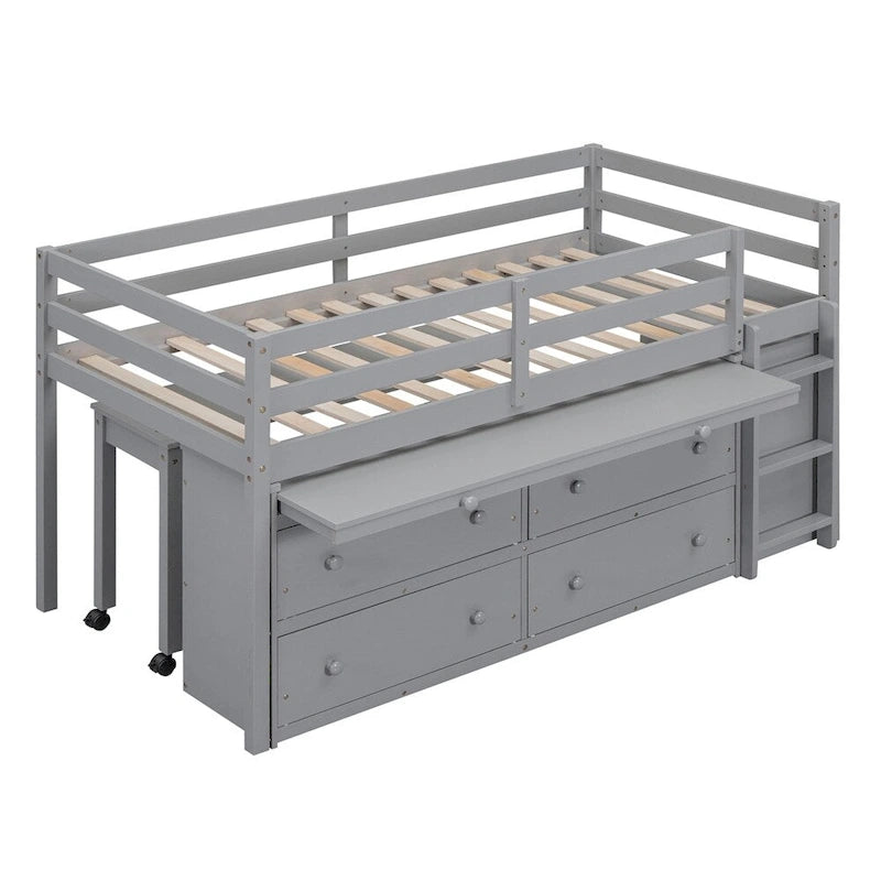 Cama alta de madera de tamaño individual con escritorio retráctil y 4 cajones