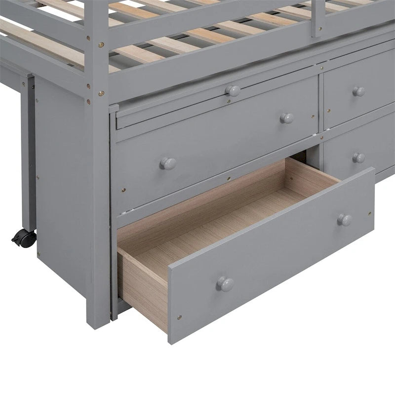 Cama alta de madera de tamaño individual con escritorio retráctil y 4 cajones