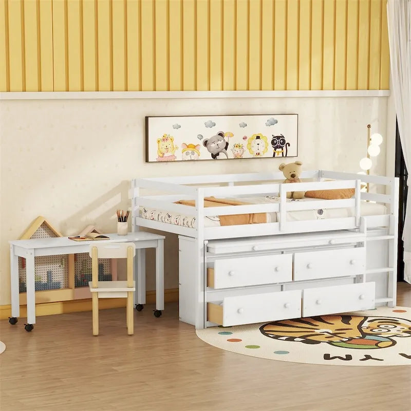 Cama alta de madera de tamaño individual con escritorio retráctil y 4 cajones
