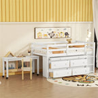 Cama alta de madera de tamaño individual con escritorio retráctil y 4 cajones