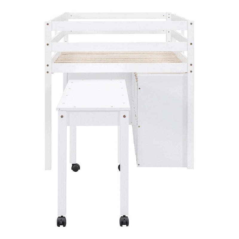 Cama alta de madera de tamaño individual con escritorio retráctil y 4 cajones