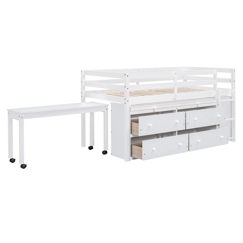 Cama alta de madera de tamaño individual con escritorio retráctil y 4 cajones
