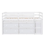 Cama alta de madera de tamaño individual con escritorio retráctil y 4 cajones
