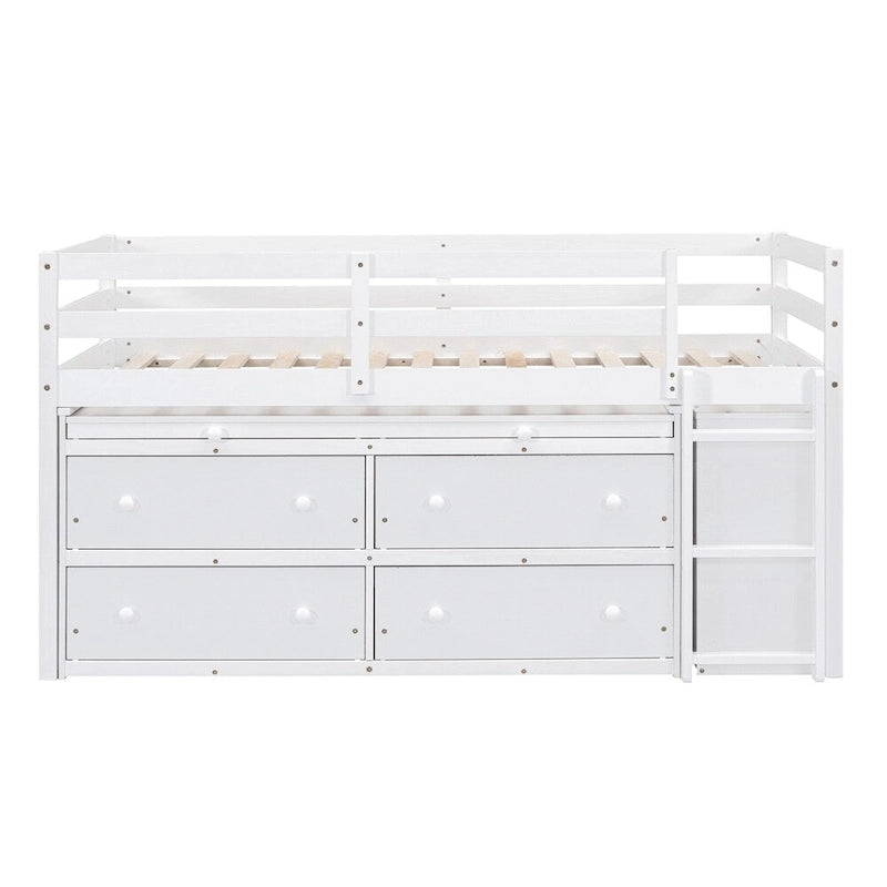 Cama alta de madera de tamaño individual con escritorio retráctil y 4 cajones