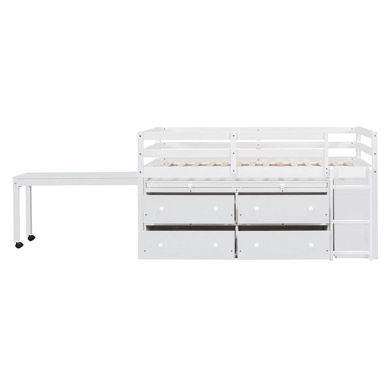 Cama alta de madera de tamaño individual con escritorio retráctil y 4 cajones
