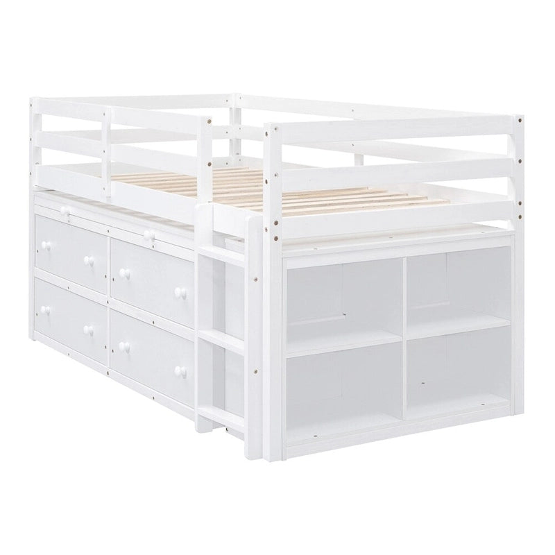Cama alta de madera de tamaño individual con escritorio retráctil y 4 cajones