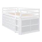Cama alta de madera de tamaño individual con escritorio retráctil y 4 cajones